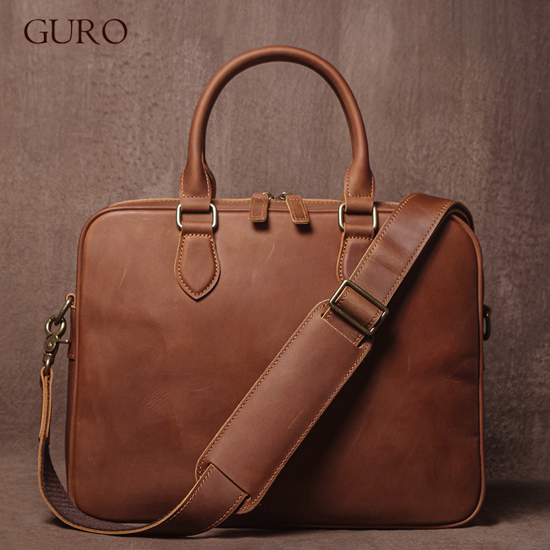 Leather Work Handbags - GURO Men Crazy Horse Cowhide Briefcase